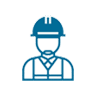 A blue and white icon of a man wearing a hard hat.