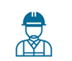 A blue and white icon of a man wearing a hard hat.